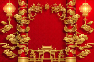 春节红色中国风新年喜庆盘龙柱灯笼矢量素材